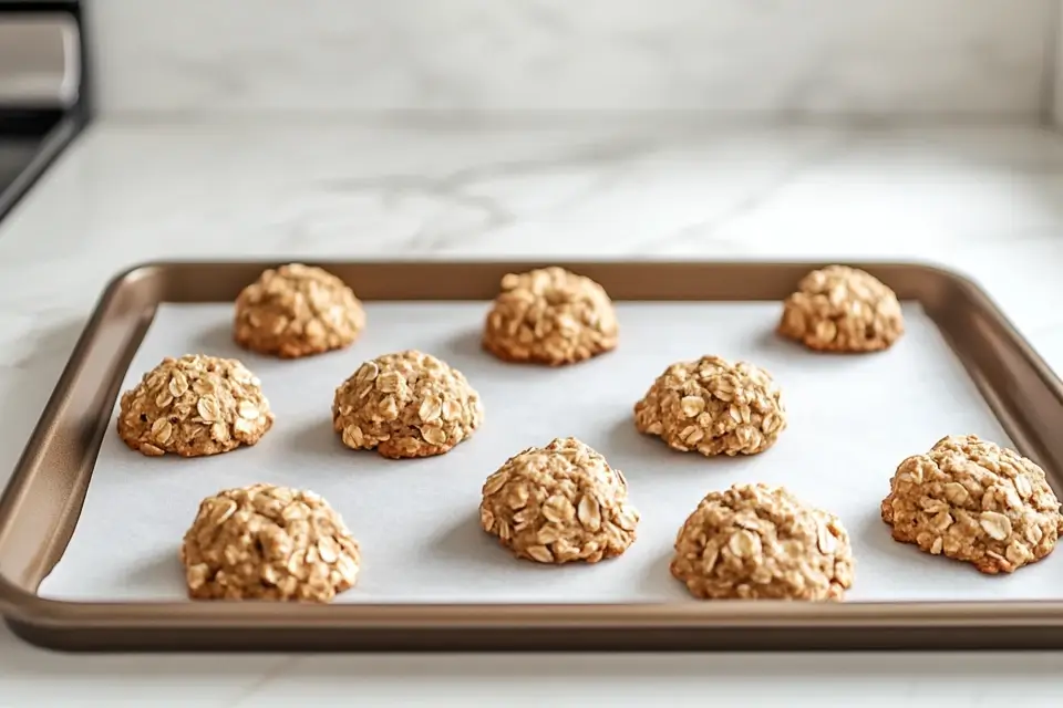 Banana oatmeal cookies on a baking sheet lined with parchment paper.