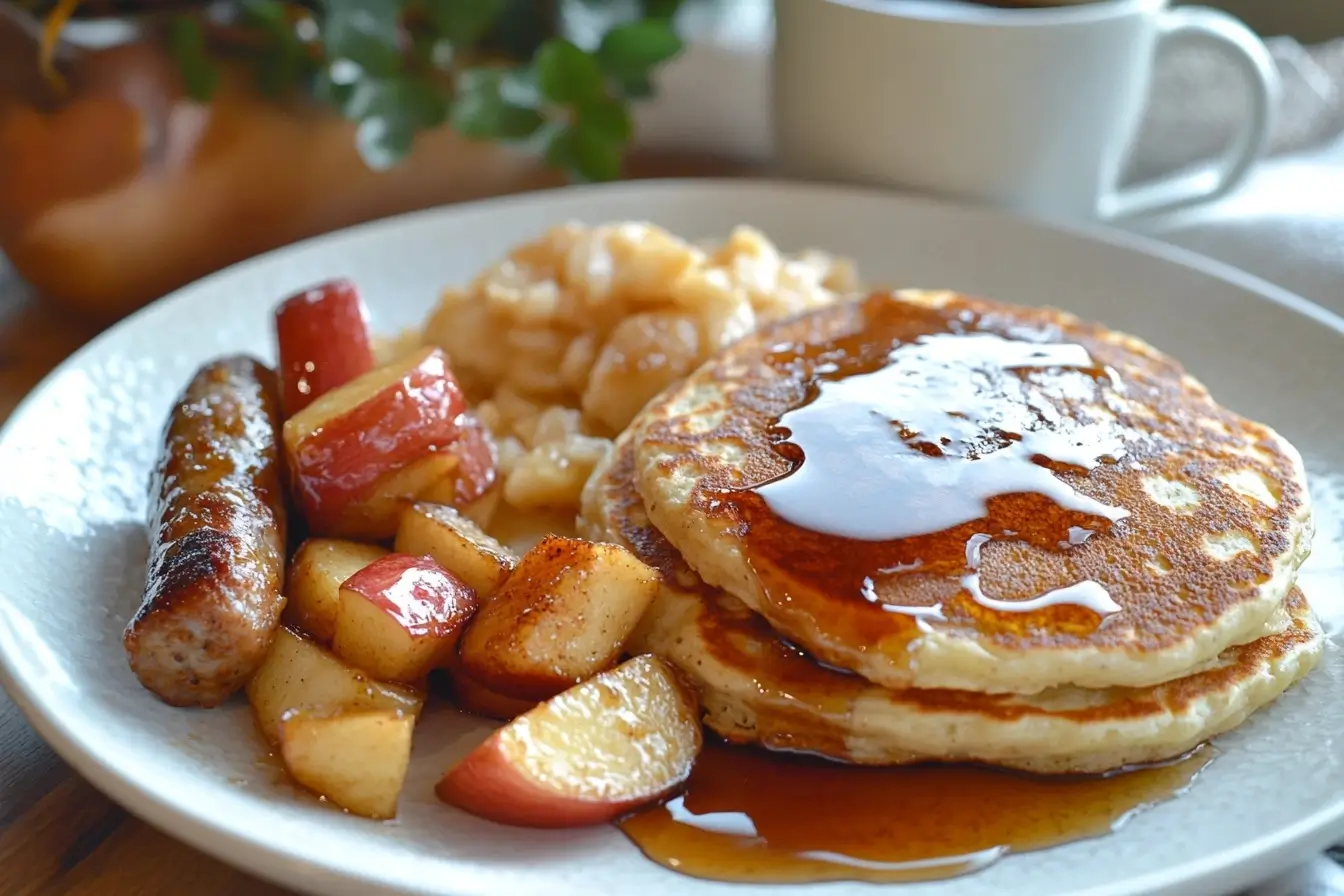 Fried apples served alongside pancakes and sausage on a breakfast plate.