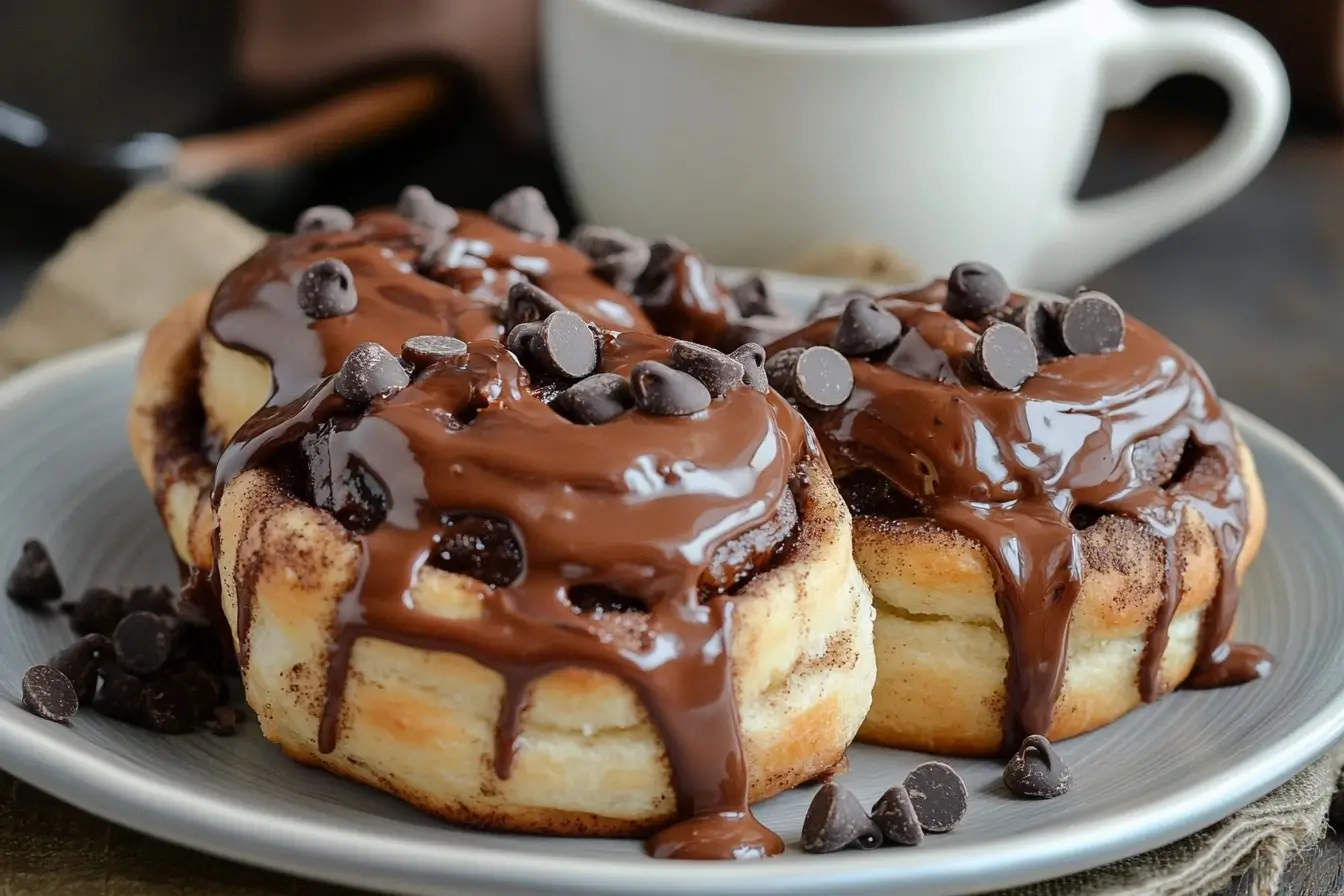 Chocolate-filled sourdough cinnamon rolls on a plate