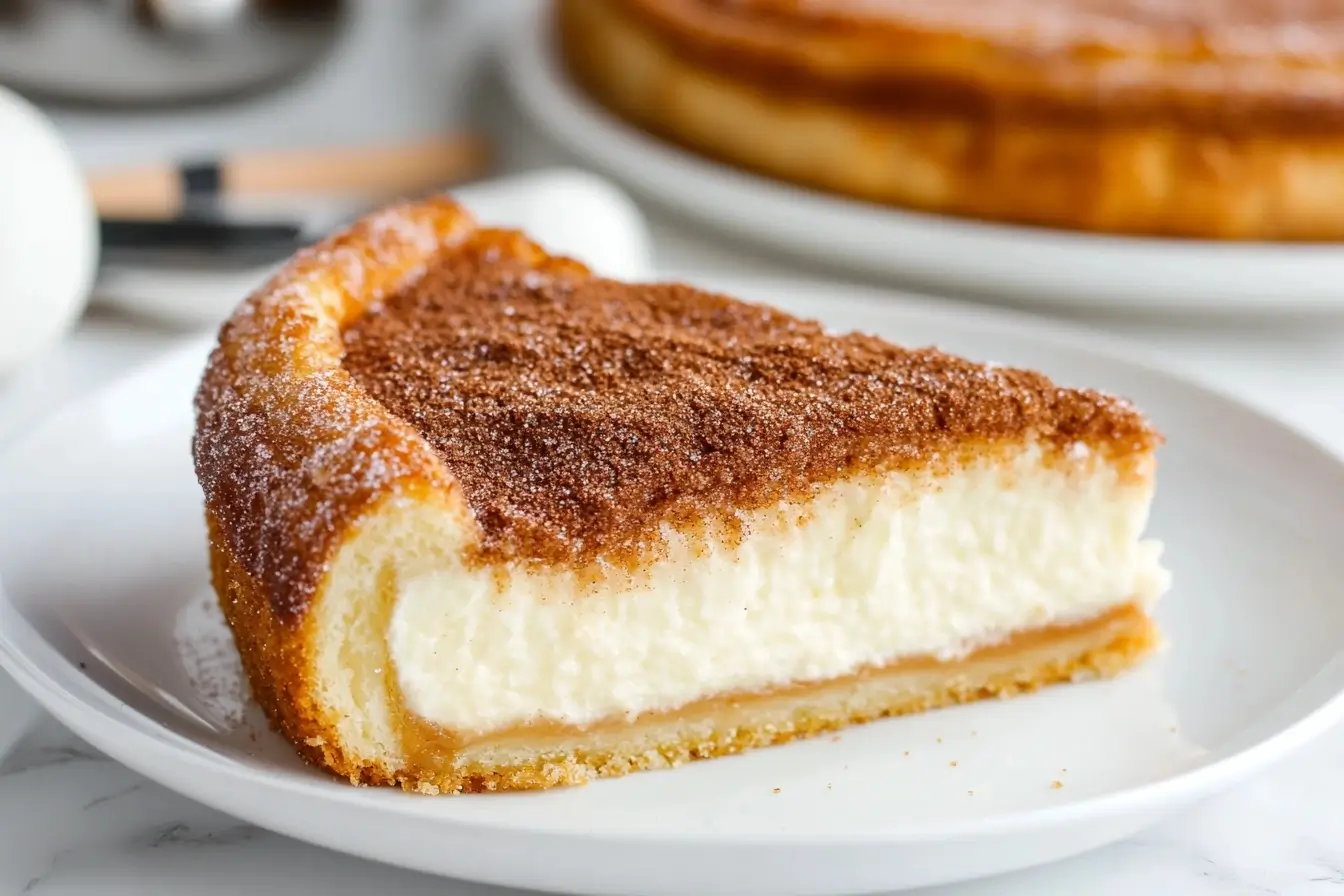 A slice of churro cheesecake with a golden cinnamon sugar topping on a white plate.