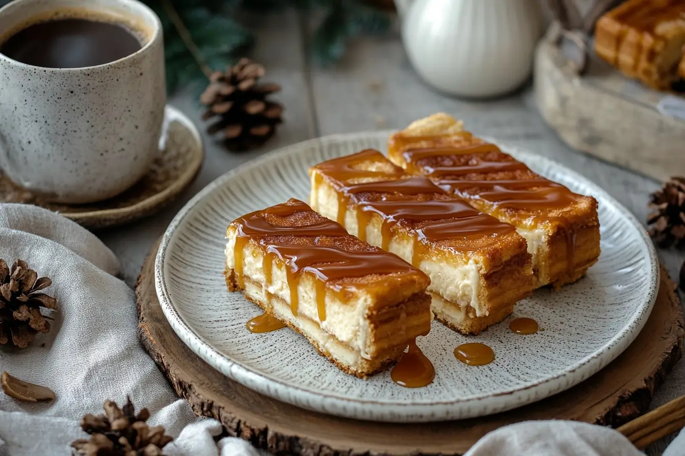 Churro cheesecake slices served on a decorative plate with caramel drizzle.