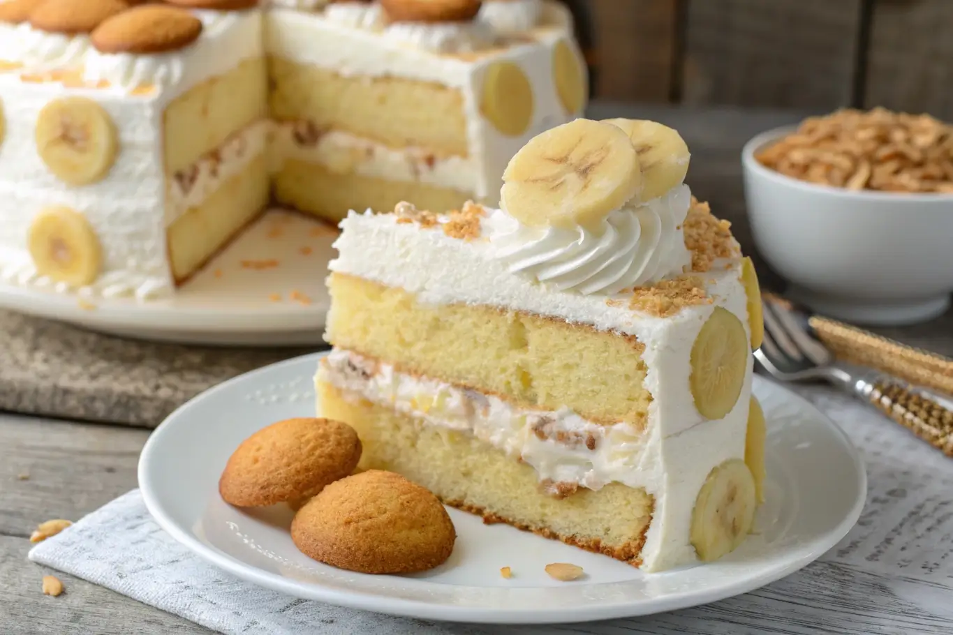 A moist banana pudding cake with layers of whipped cream, bananas, and crushed vanilla wafers on a white plate.