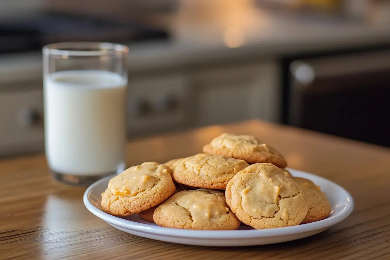 A plate of golden, soft sour cream cookies with a fluffy texture, served alongside a glass of milk.