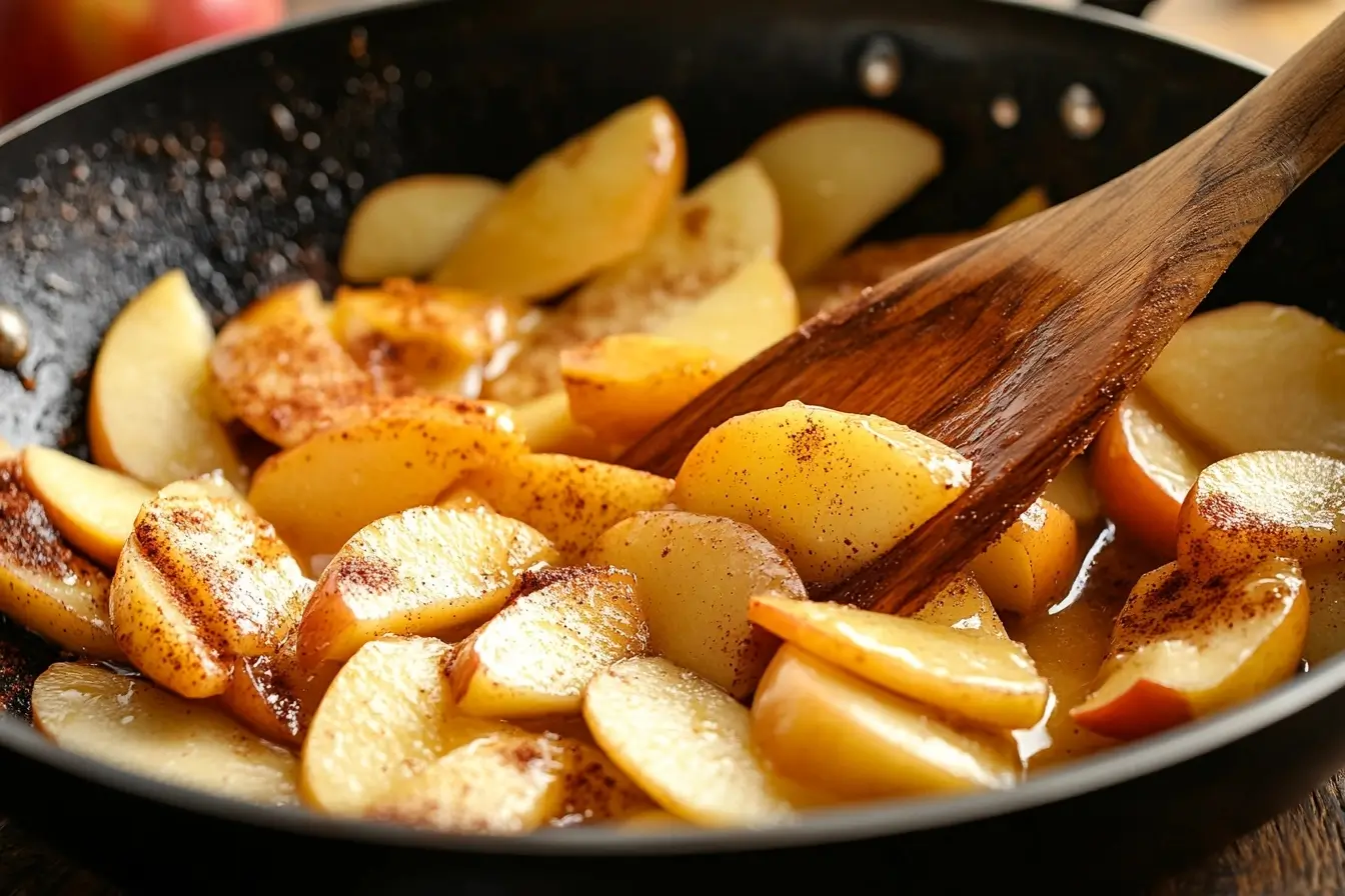 Sliced apples cooking in a skillet with bubbling butter and spices.