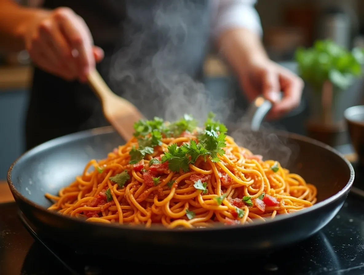 A skillet with taco spaghetti being stirred.