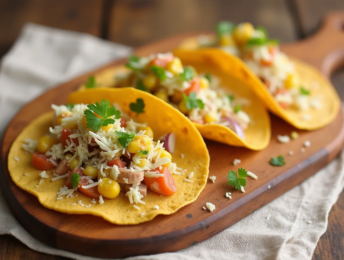 Corn and flour tortillas displayed on a wooden board with garnish options.