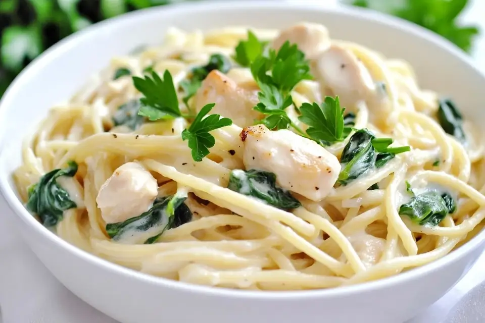 Crockpot spaghetti in a creamy Alfredo sauce with spinach and chicken.