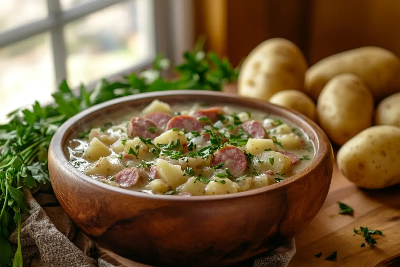 Creamy Kielbasa Potato Soup In A Rustic Bowl.