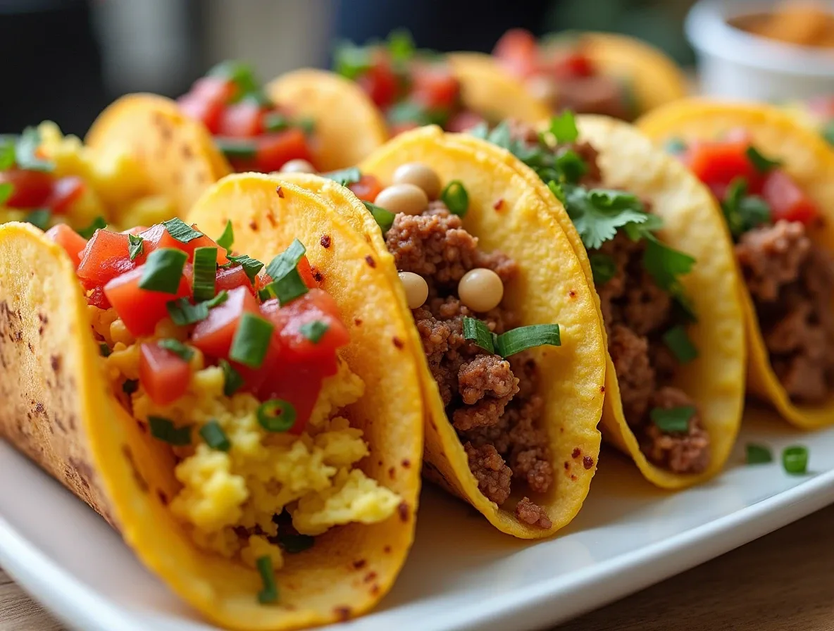 A variety of baked tacos with different fillings and toppings.