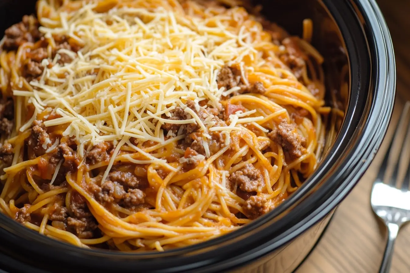 Crockpot spaghetti served in a bowl with fresh basil on top.