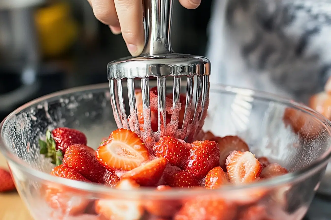 Crushing Strawberries For Jam.