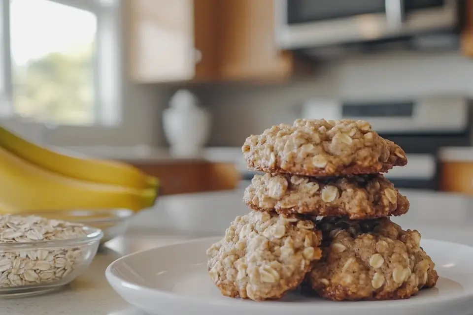 Freshly baked banana oatmeal cookies on a plate with bananas and oats in the background.