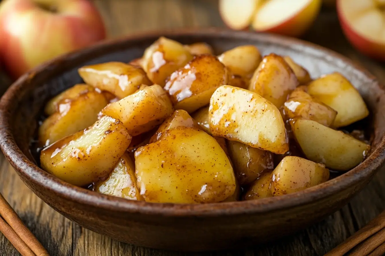 A plate of freshly cooked fried apples with a cinnamon stick garnish.