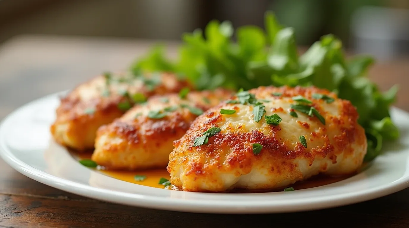 Garlic parmesan chicken served on a plate with parsley garnish.