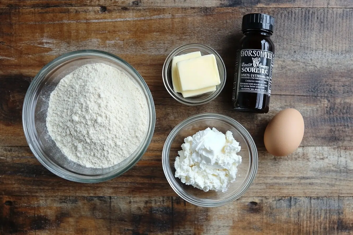 A flat lay of ingredients including flour, sugar, butter, sour cream, eggs, and vanilla extract on a wooden countertop.