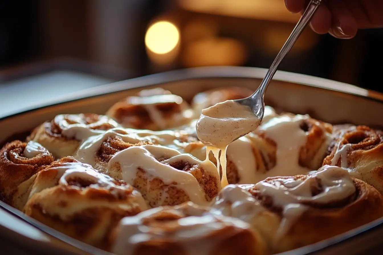 Baked sourdough cinnamon rolls in a pan