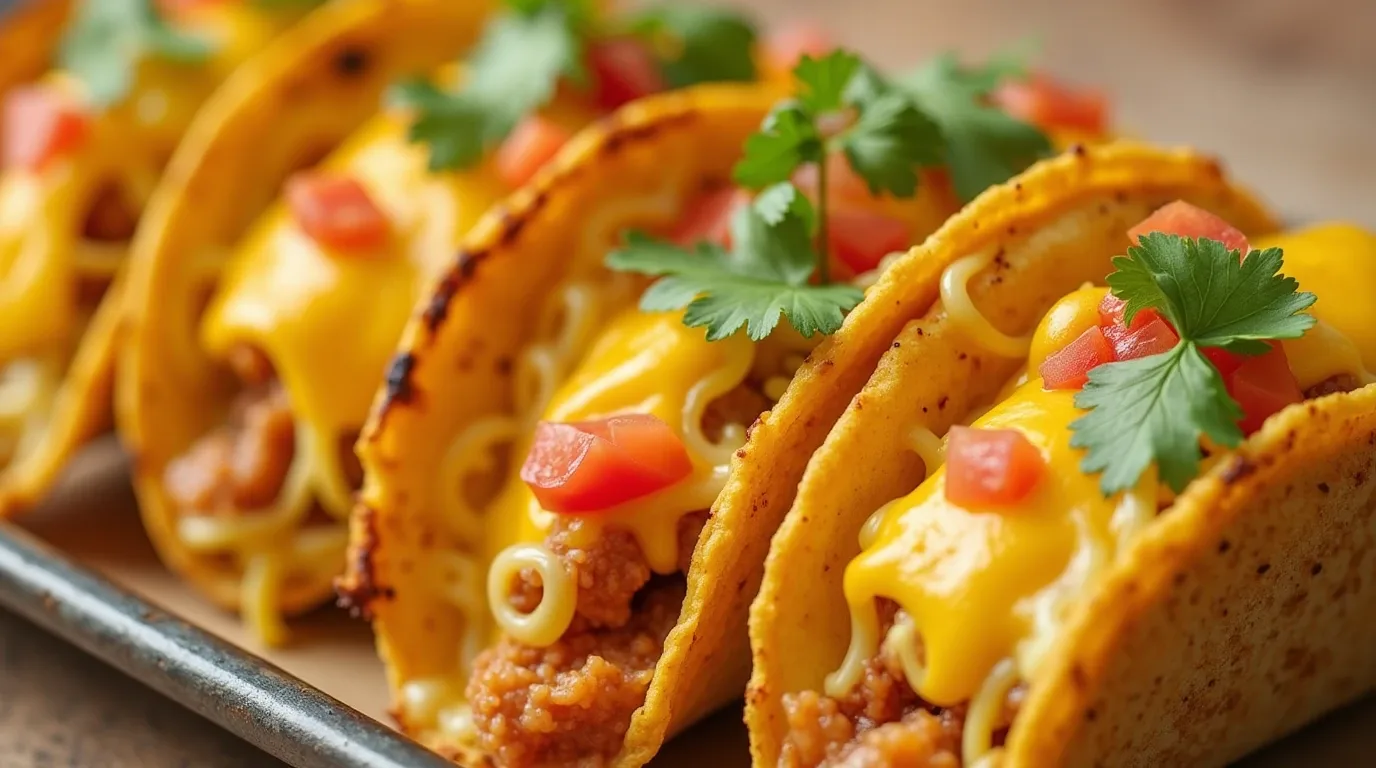 A tray of freshly baked tacos with melted cheese and vibrant toppings.