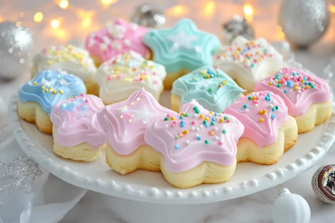 Frosted sour cream cookies with colorful icing, shaped like stars and hearts, arranged on a festive platter.