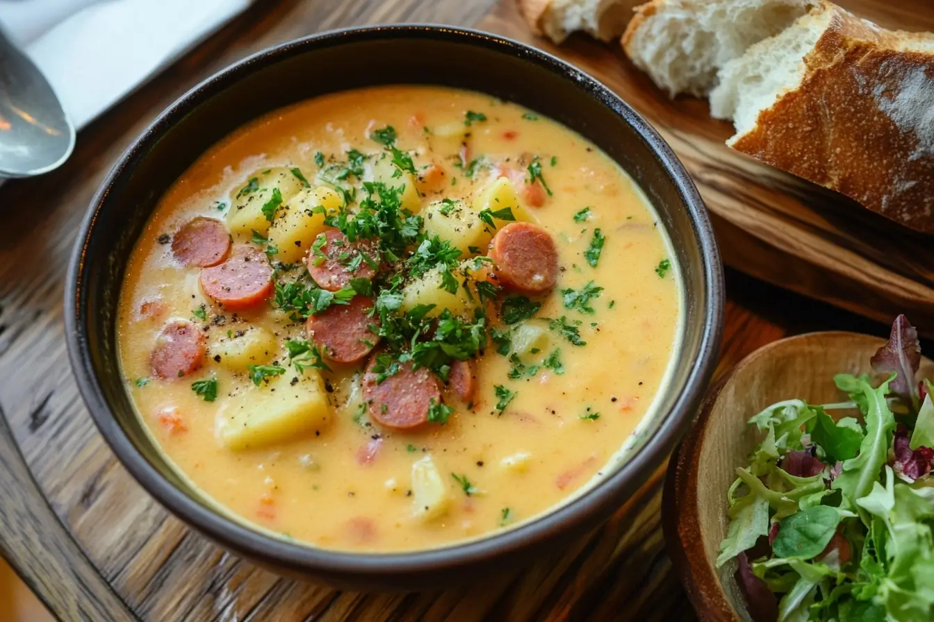 Garnished Kielbasa Potato Soup With Side Pairings.