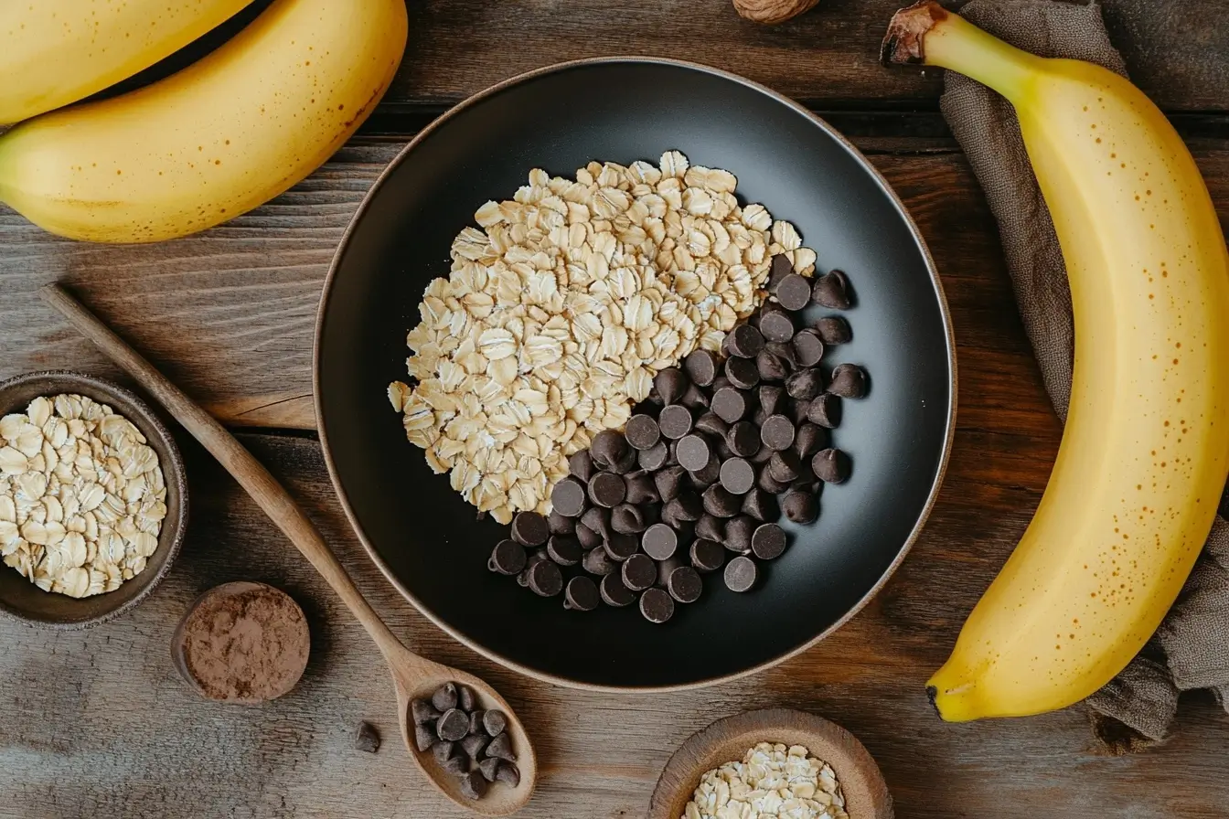  Ingredients for banana oatmeal cookies laid out, including bananas, oats, and chocolate chips.