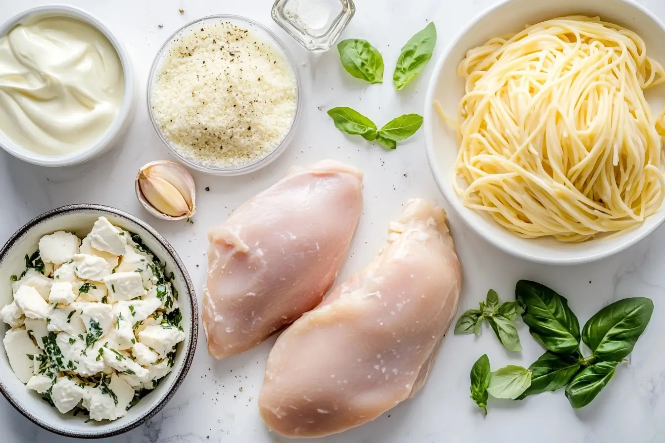 Ingredients For Crockpot Garlic Parmesan Chicken Pasta.