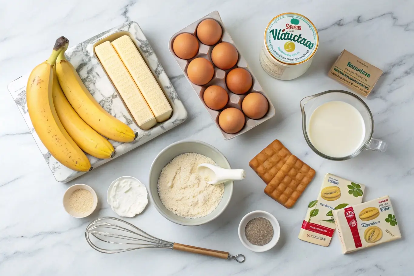 Fresh ingredients for banana pudding cake, including bananas, eggs, milk, vanilla wafers, and a mixing bowl on a kitchen counter.