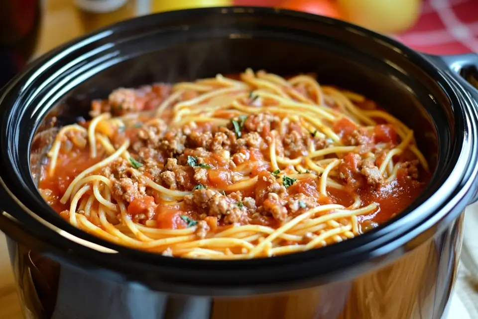 Ingredients for crockpot spaghetti layered in a slow cooker.