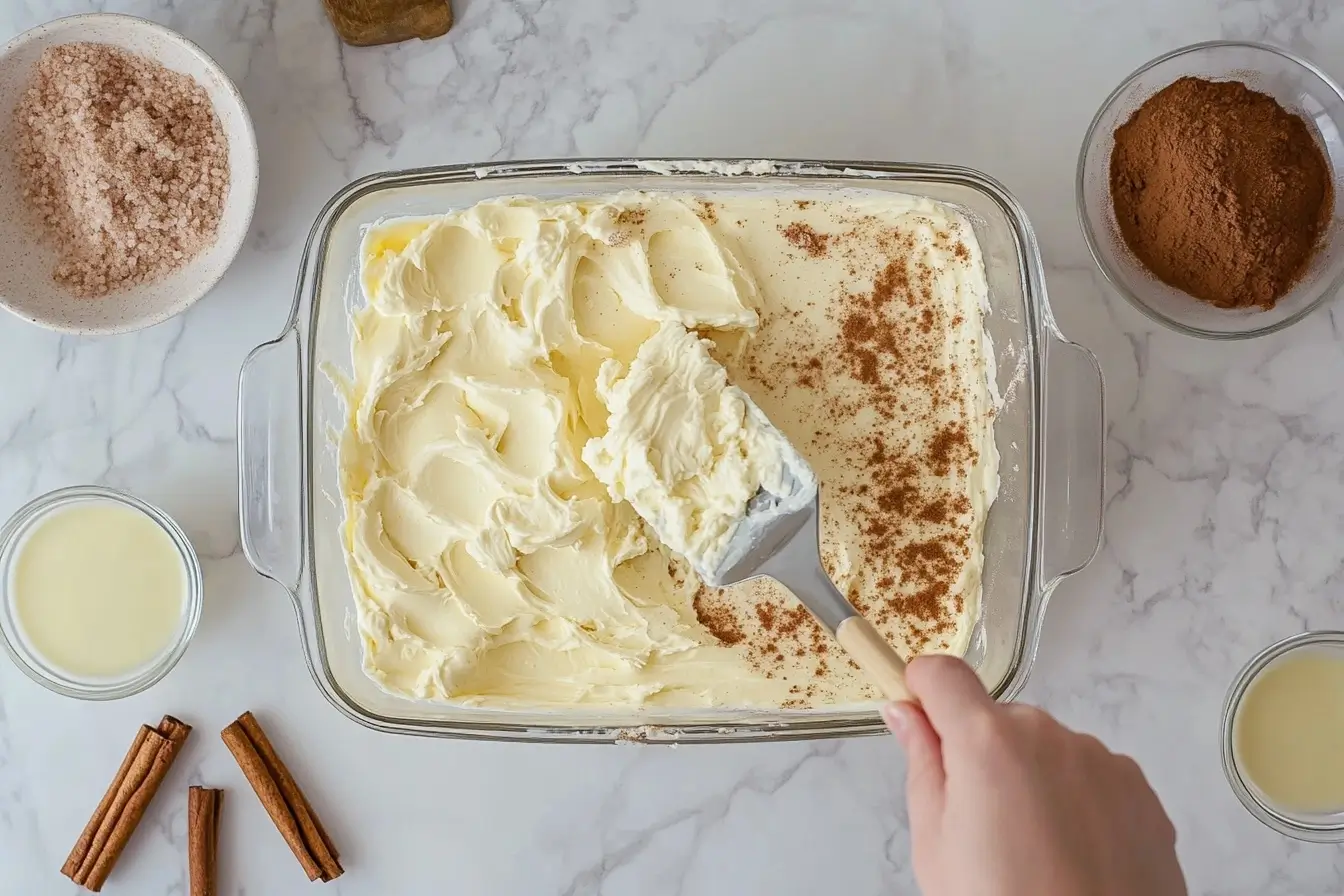 Spreading cheesecake filling over a crescent dough base in a baking dish