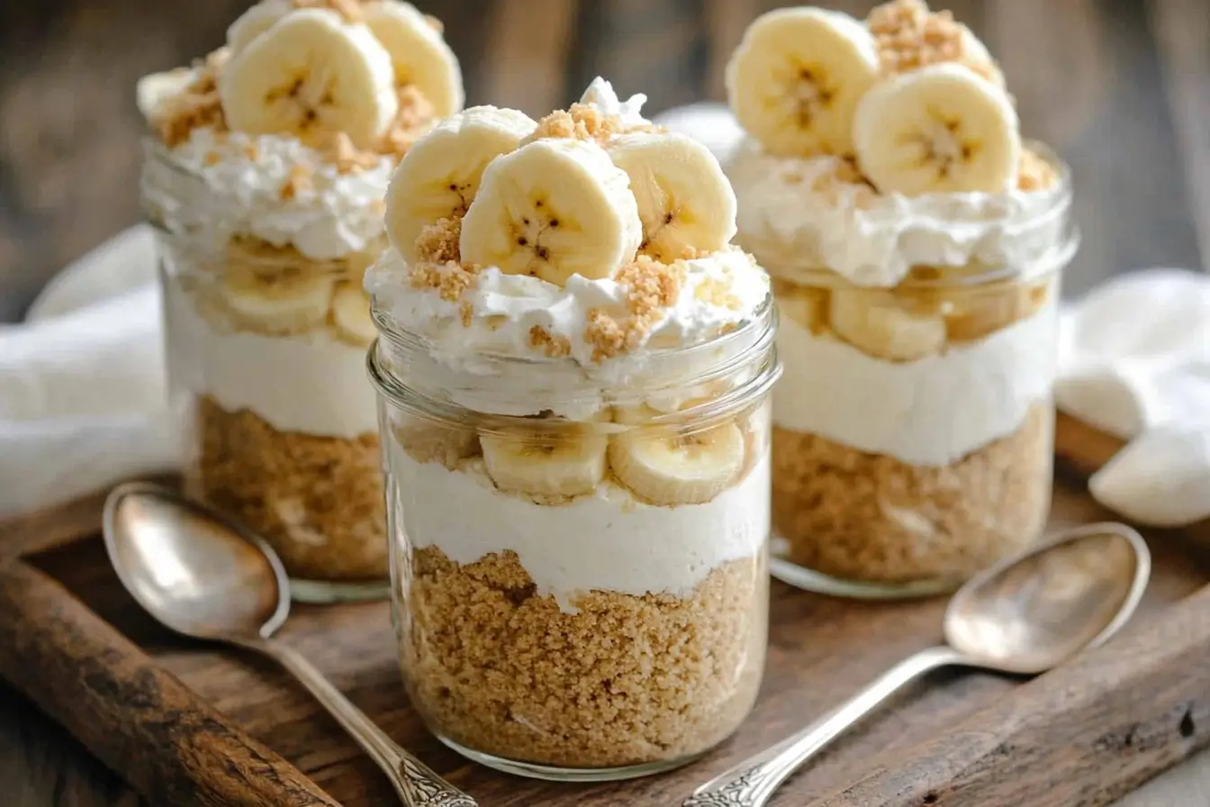 Mini banana pudding cakes served in mason jars, layered with cake crumbs, banana pudding, and whipped cream.