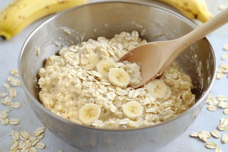 A bowl with mashed bananas and oats being stirred with a wooden spoon.