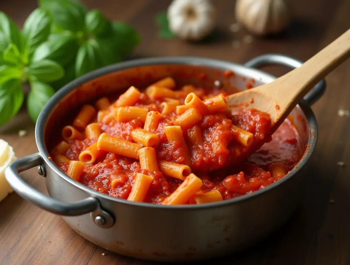 Rigatoni pasta being mixed with sauce in a pot