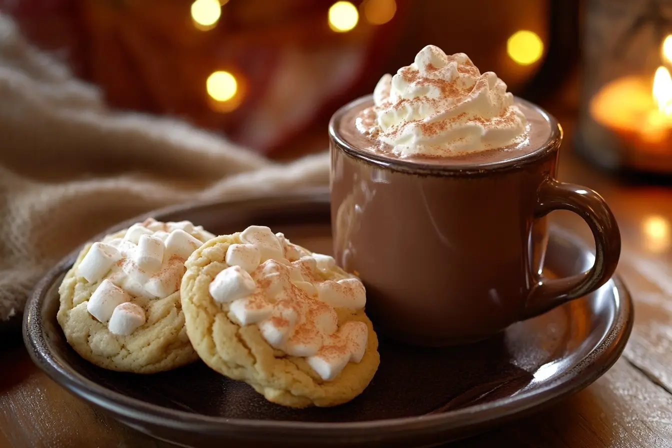 A plate of sour cream cookies paired with a cup of hot chocolate topped with whipped cream and marshmallows.