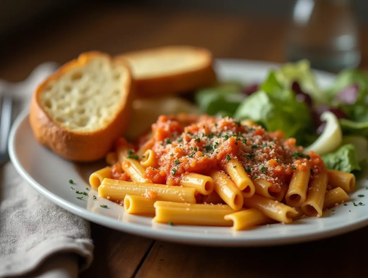 Baked rigatoni served with Caesar salad and garlic bread
