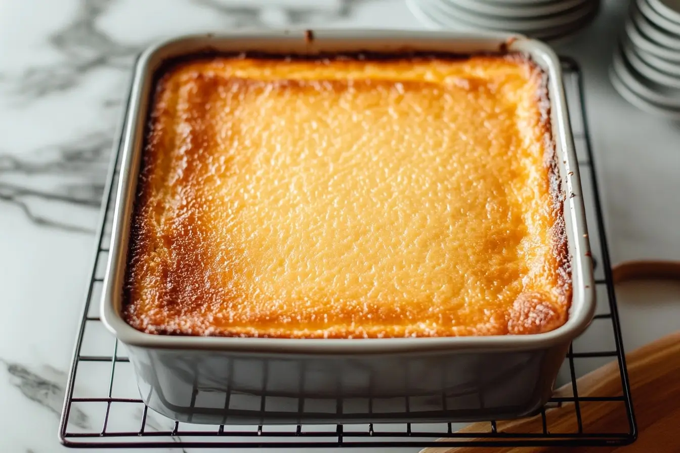 A freshly baked churro cheesecake cooling in a baking dish.