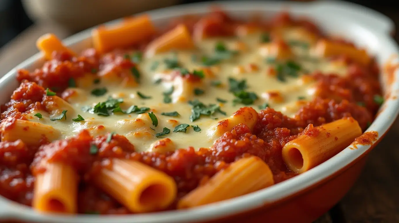A golden-baked rigatoni dish with bubbling cheese