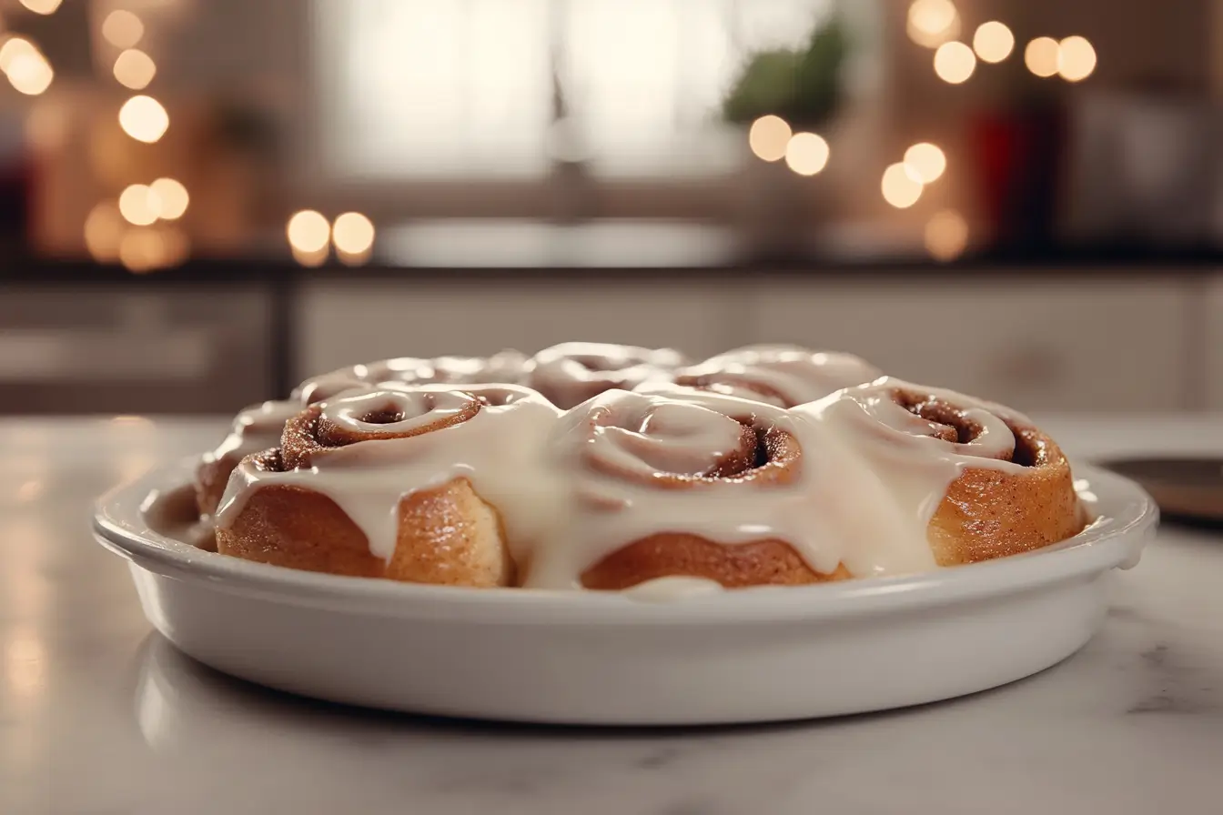 Freshly baked cinnamon rolls topped with cream cheese icing