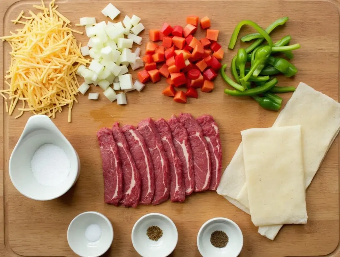 A flat lay of ingredients for Philly cheesesteak eggrolls, including steak slices, cheese, onions, peppers, eggroll wrappers, and seasonings.