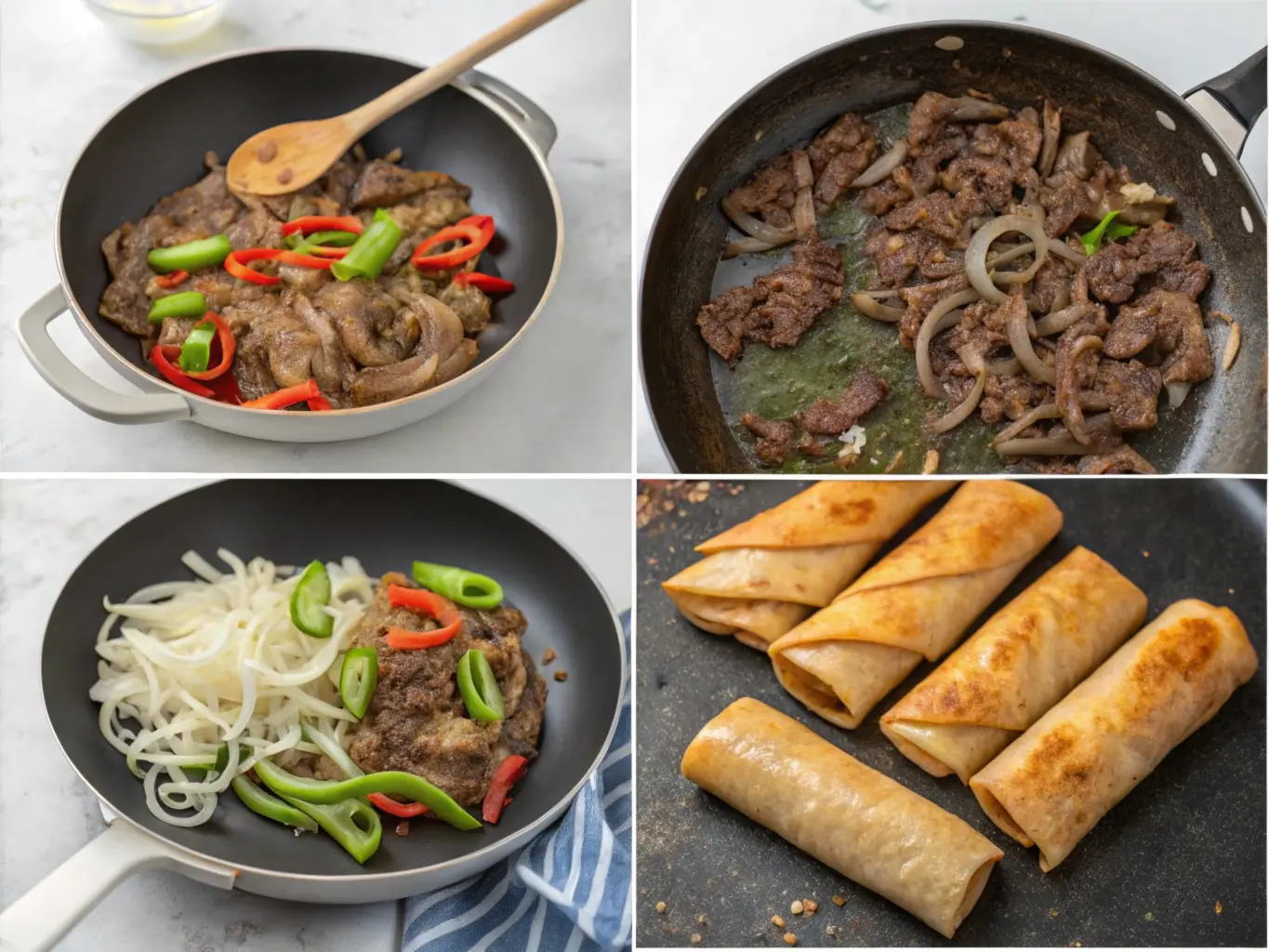 A step-by-step cooking process for Philly cheesesteak eggrolls, showing filling preparation, wrapping, and frying.