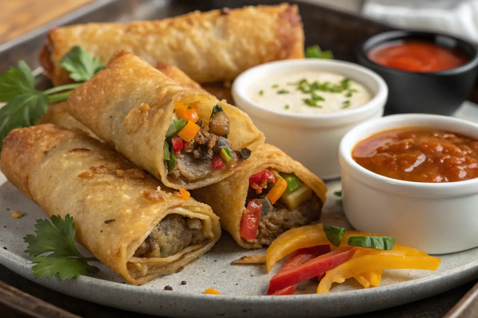 A platter of crispy Philly cheesesteak eggrolls with dipping sauces and a cross-section revealing the gooey cheese and steak filling.