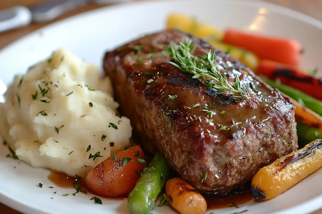 Philly Cheesesteak Meatloaf Plated With Sides.