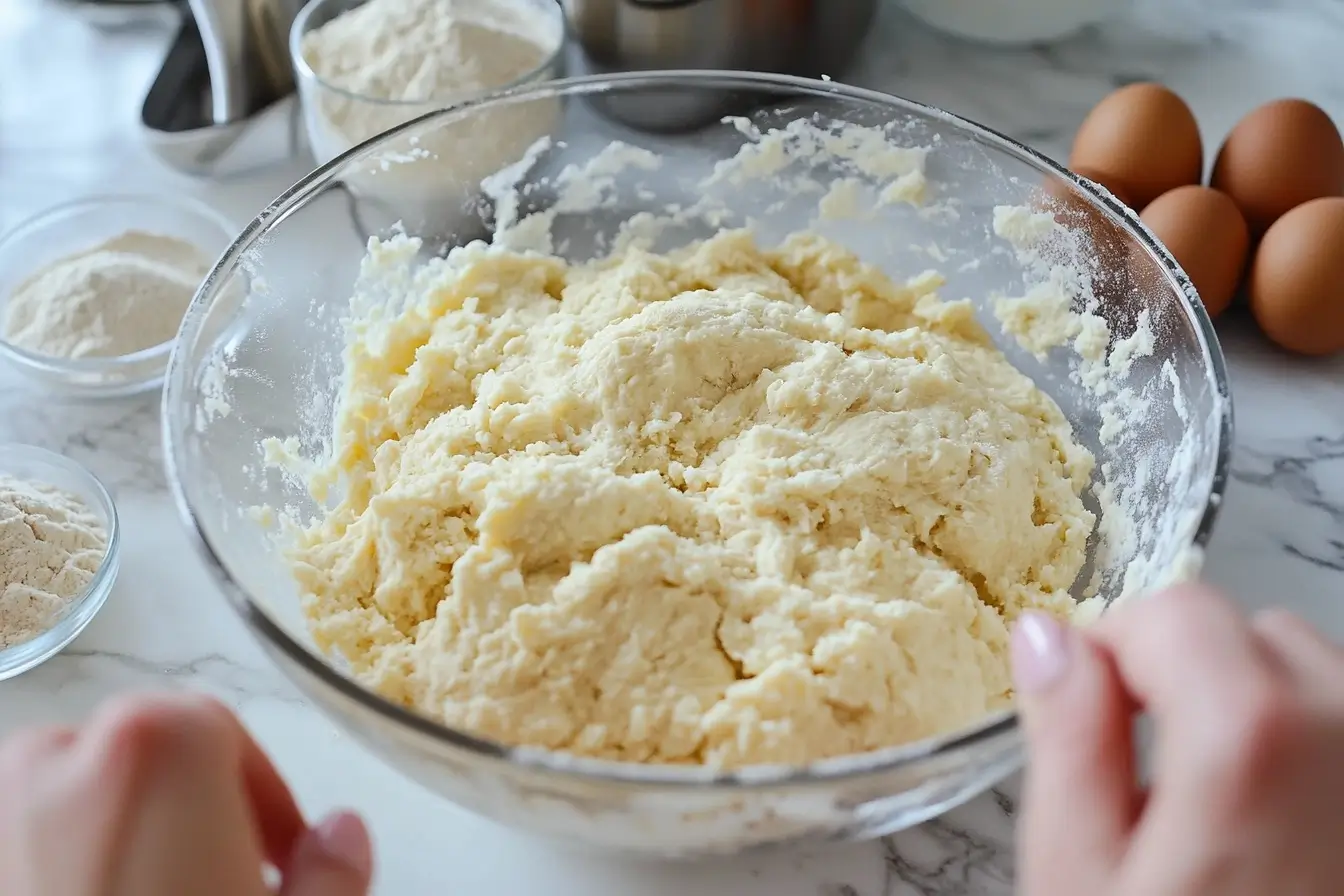 Mixing sourdough cinnamon roll dough in a bowl