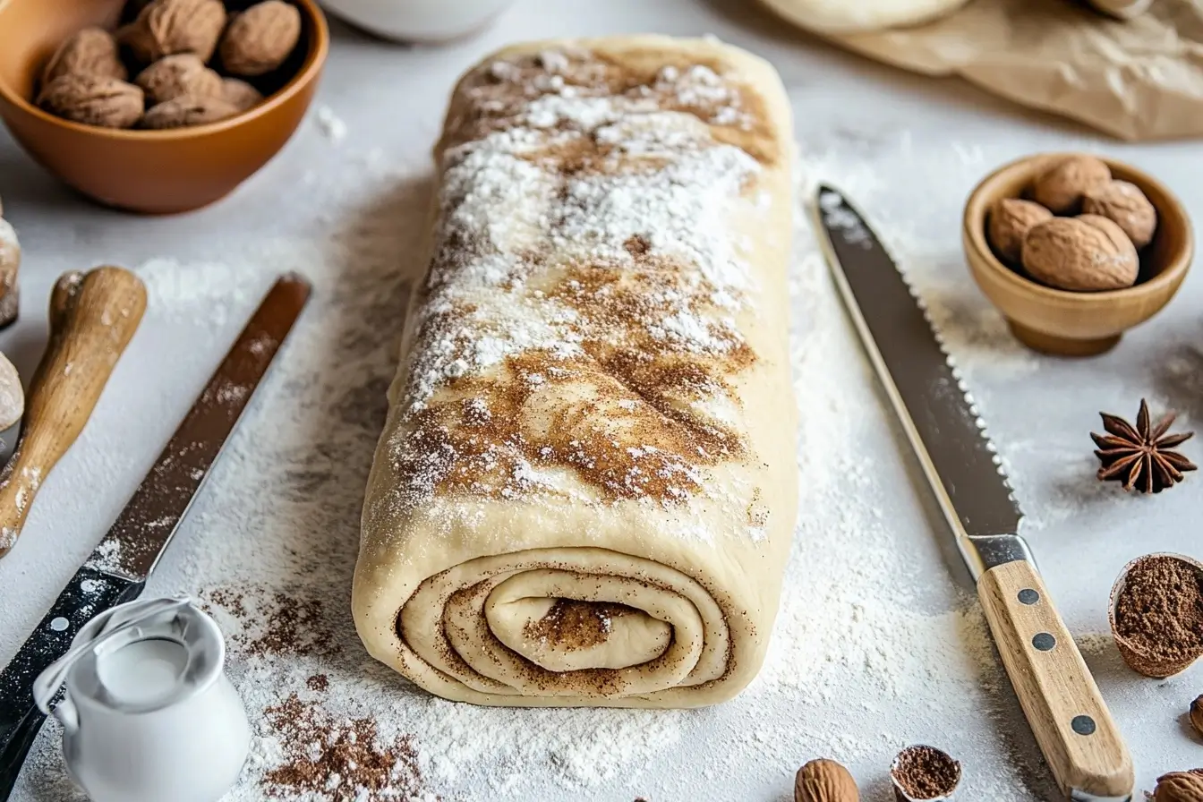 Rolling and slicing sourdough cinnamon roll dough