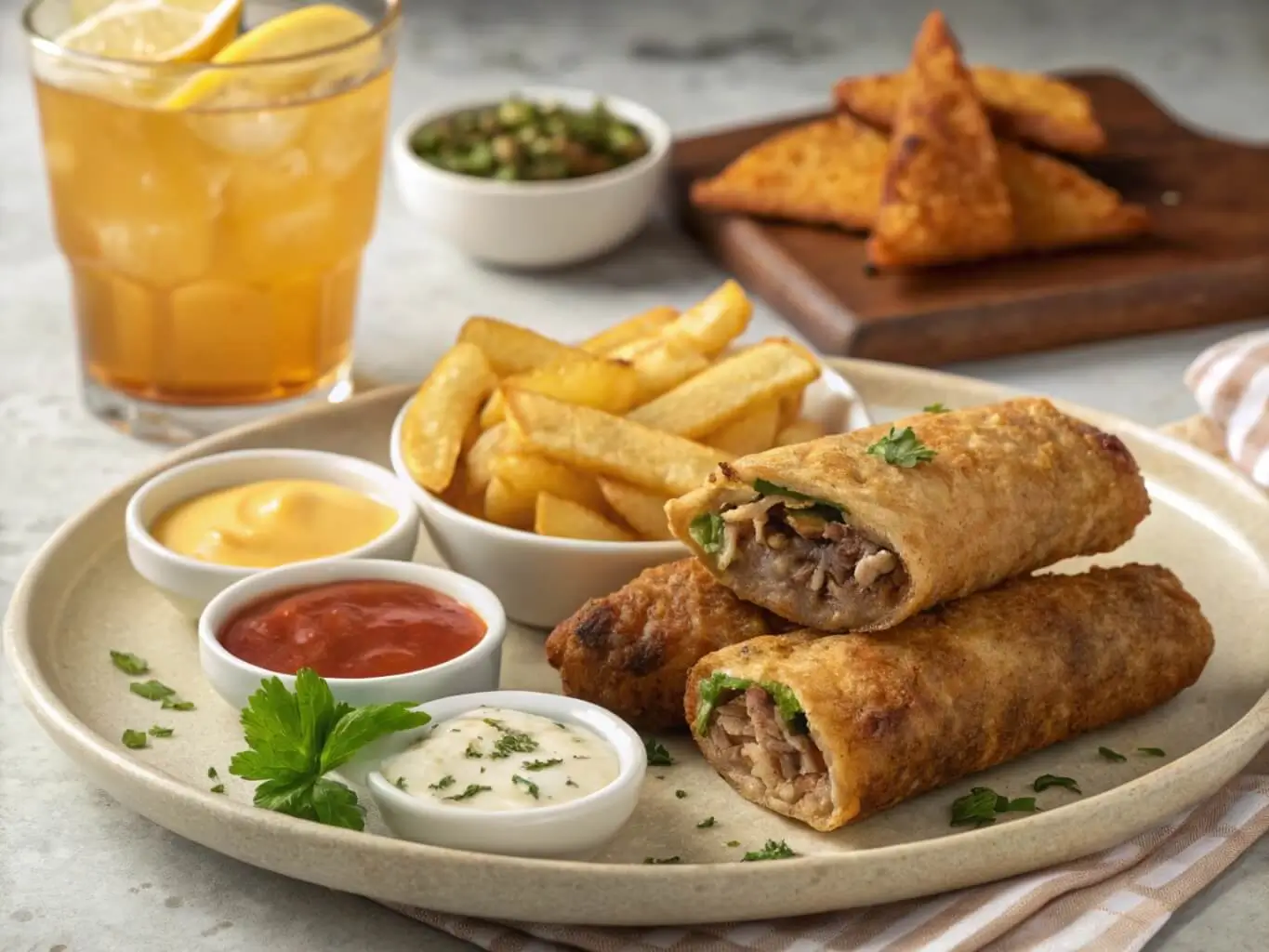 Philly cheesesteak eggrolls served with fries, dipping sauces, and a cold drink for a complete meal.