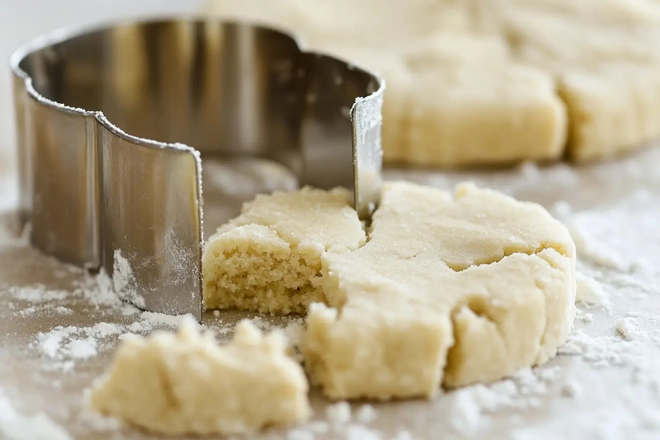 A baker rolling out chilled cookie dough and using a round cutter to shape the cookies.