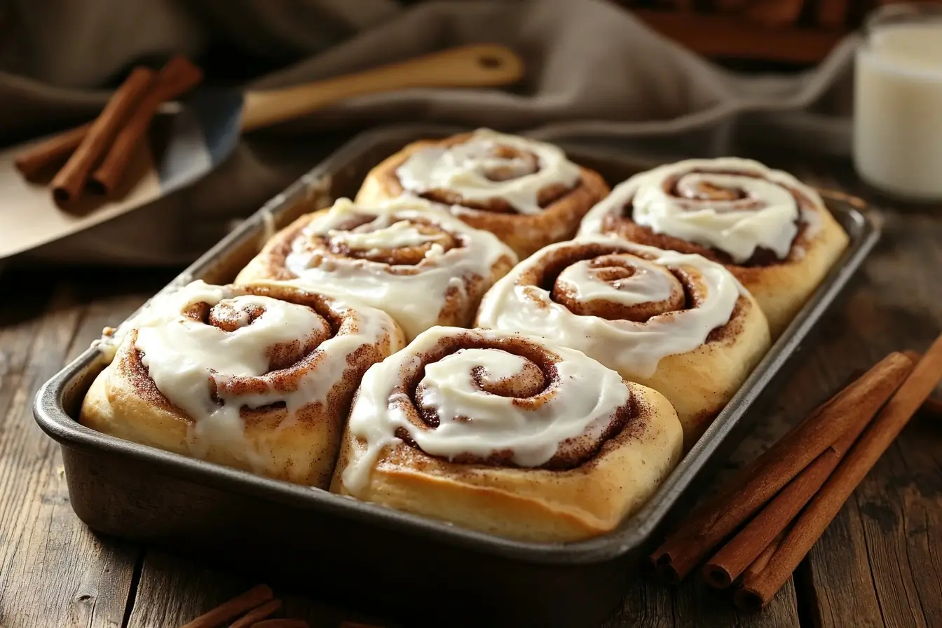 Freshly baked sourdough cinnamon rolls with cream cheese frosting