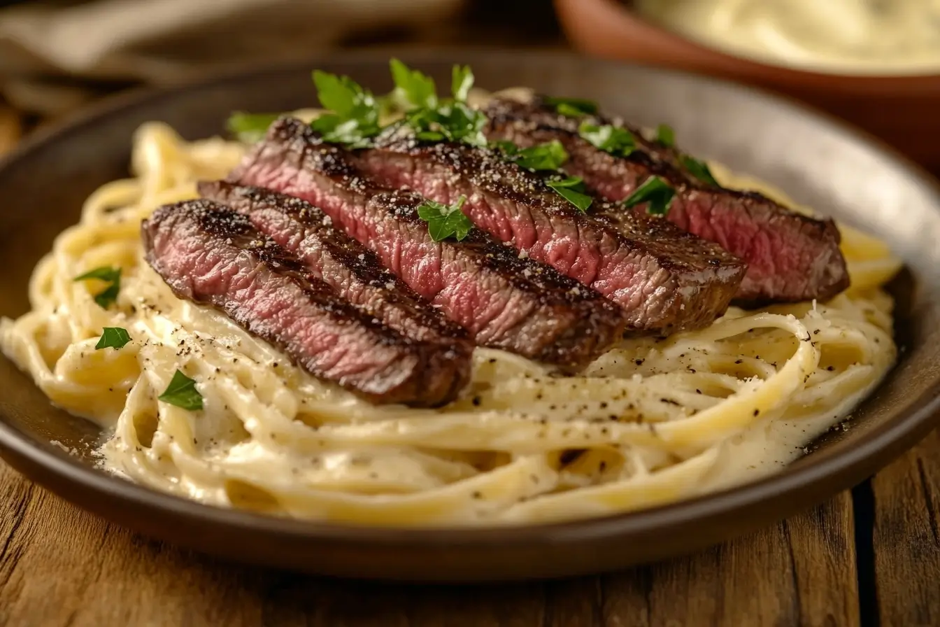 Steak Alfredo On Rustic Plate