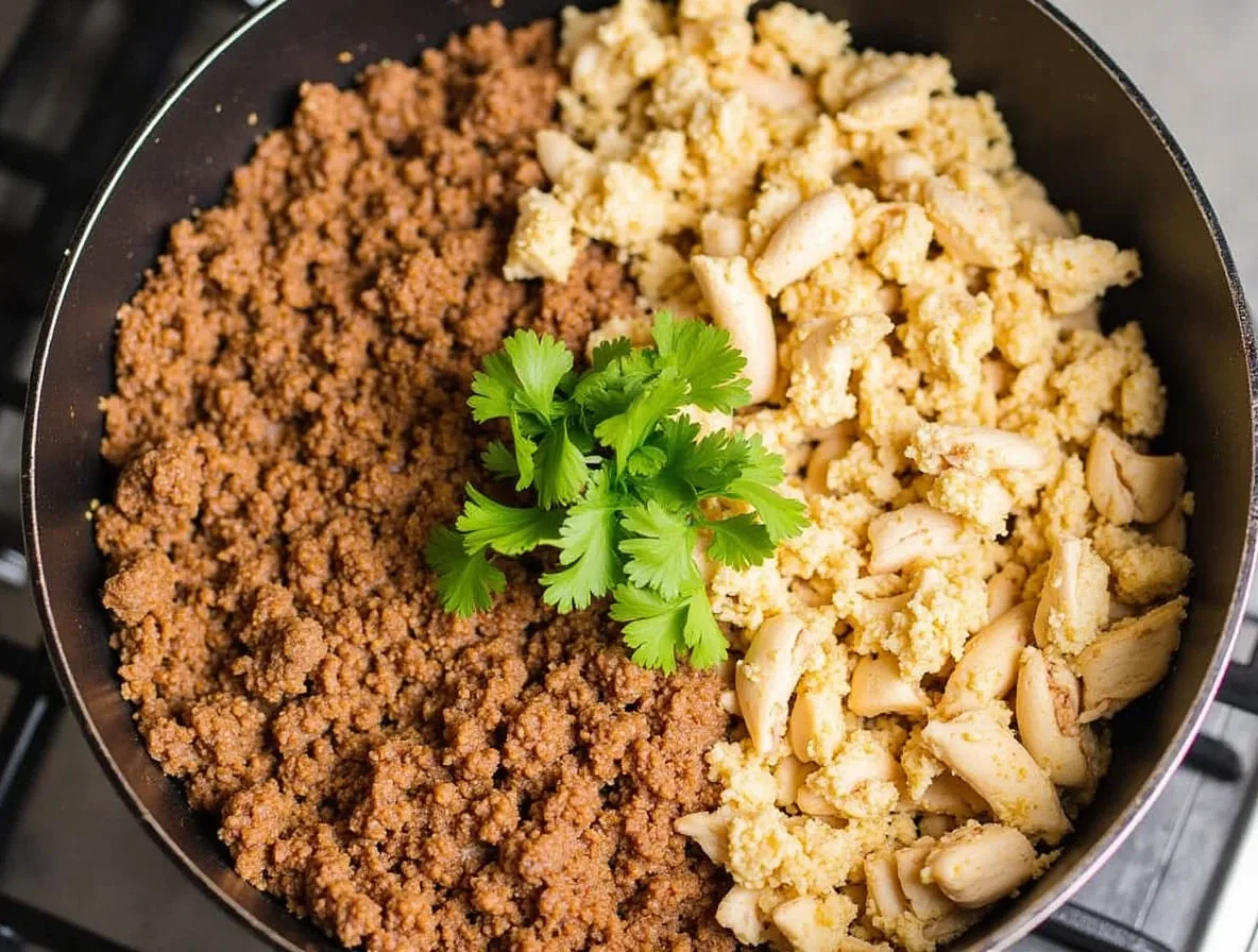 A skillet with seasoned ground beef and chicken for taco fillings.