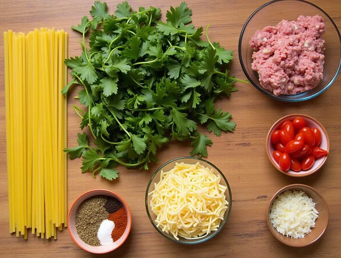 Ingredients for taco spaghetti laid out on a kitchen counter.