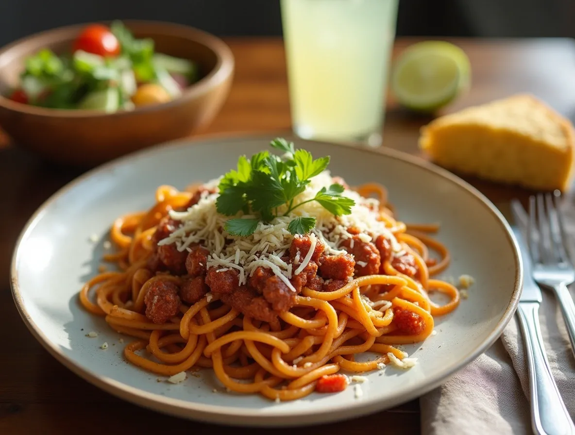 Taco spaghetti paired with a fresh salad and cornbread.