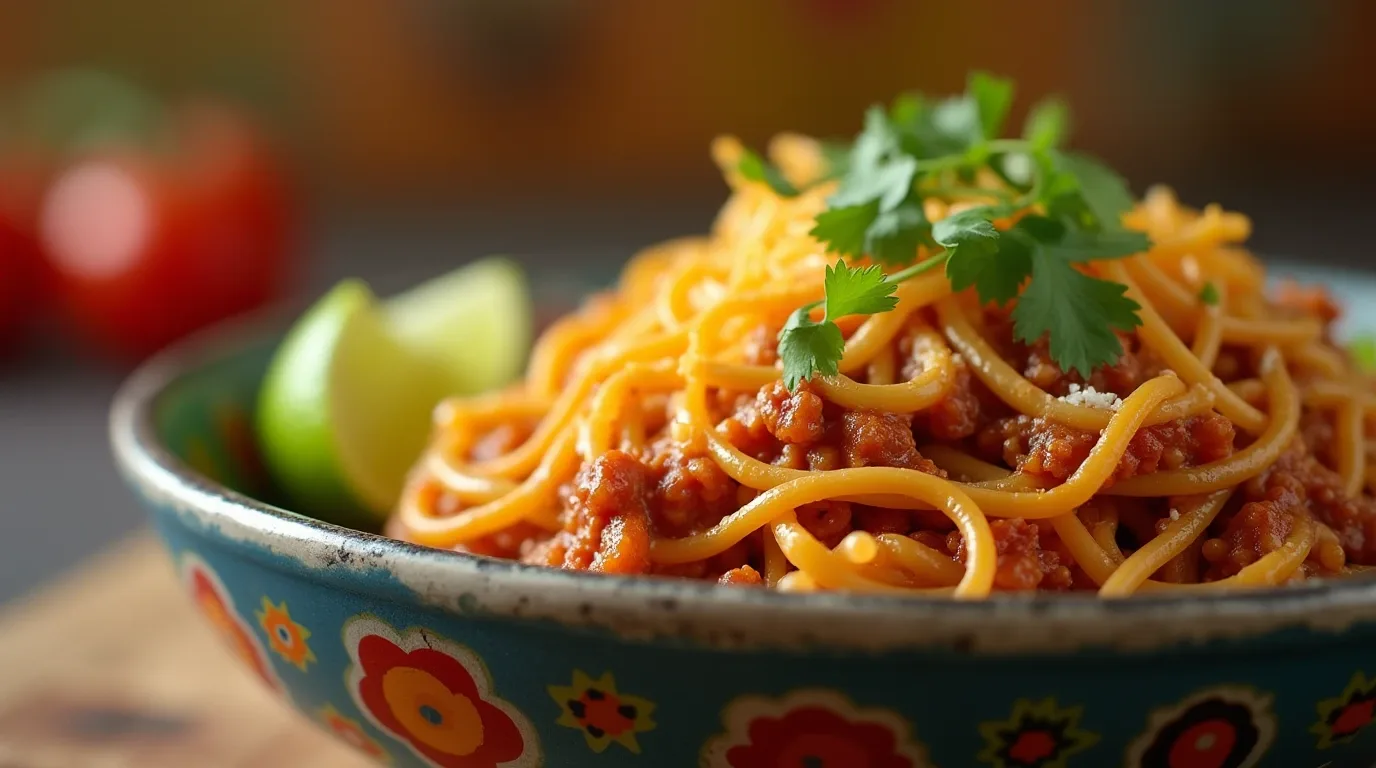 A vibrant plate of taco spaghetti garnished with cheese and cilantro.